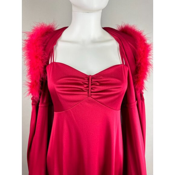Vtg 70s Maroon Marabou Trim Hooded Robe w/ Maxi Disco Dress Set Size S/M - Picture 2 of 8
